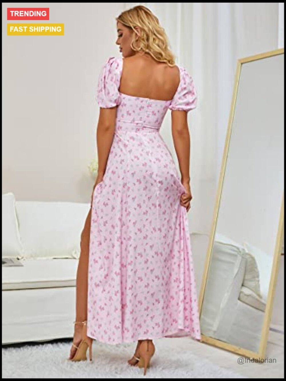 Puff Sleeve Floral Maxi Dress with Lace, Backless, High Slit - Picture 4 of 7